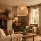 Sena wicker pendant lampshade hanging in a cosy British living room