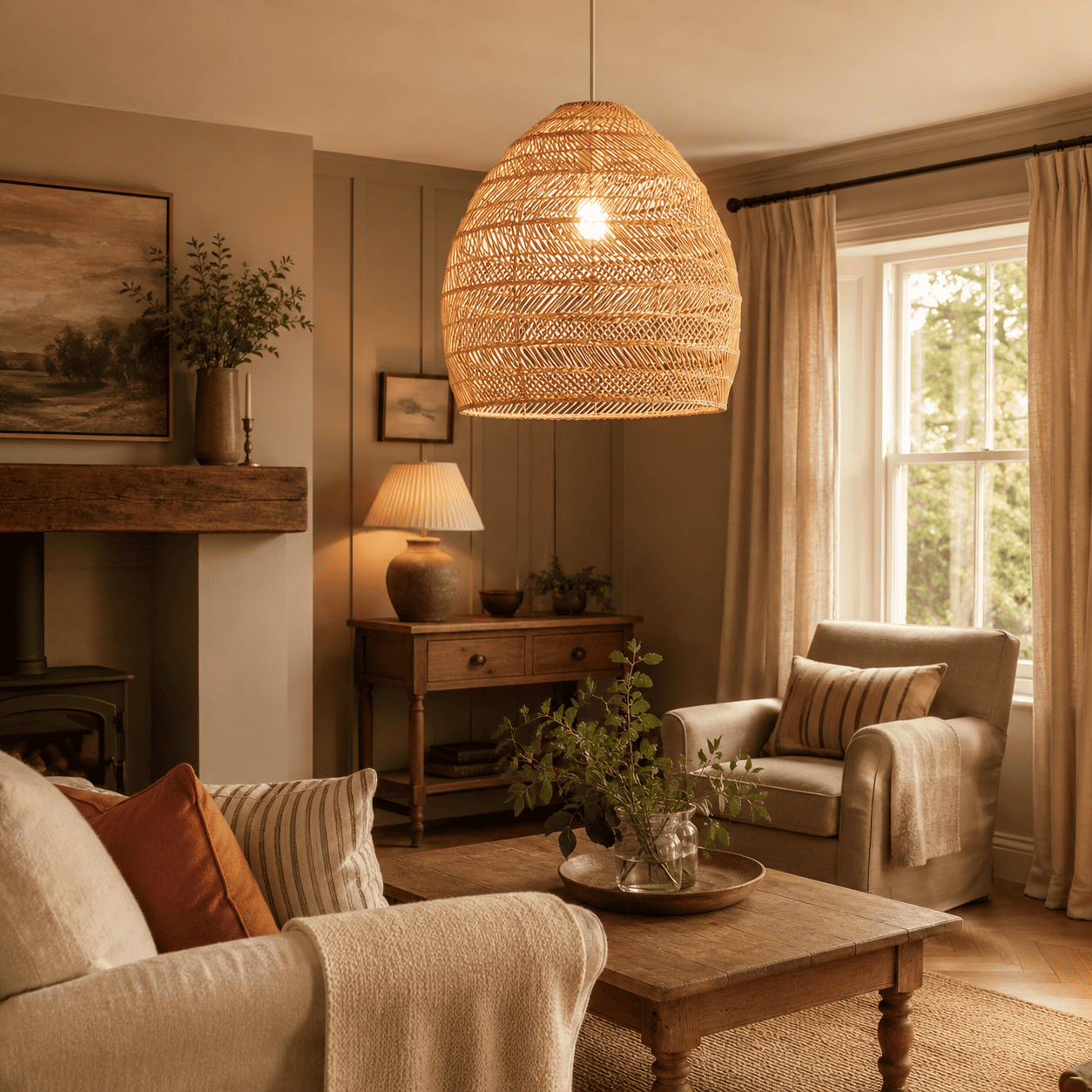 Sena wicker pendant lampshade hanging in a cosy British living room