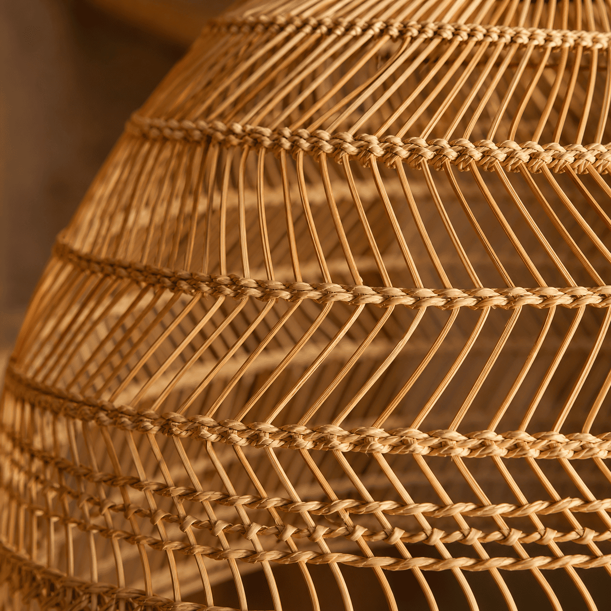 Close-up of the handwoven wicker texture of the Sena lampshade