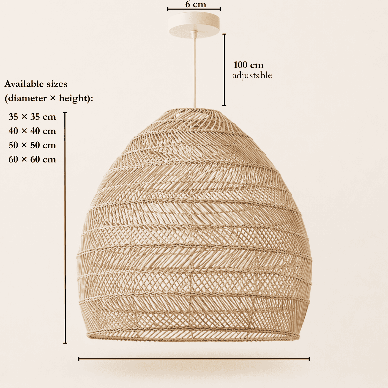 Sena wicker lampshade dimensions and available sizes: 35, 40, 50 and 60cm