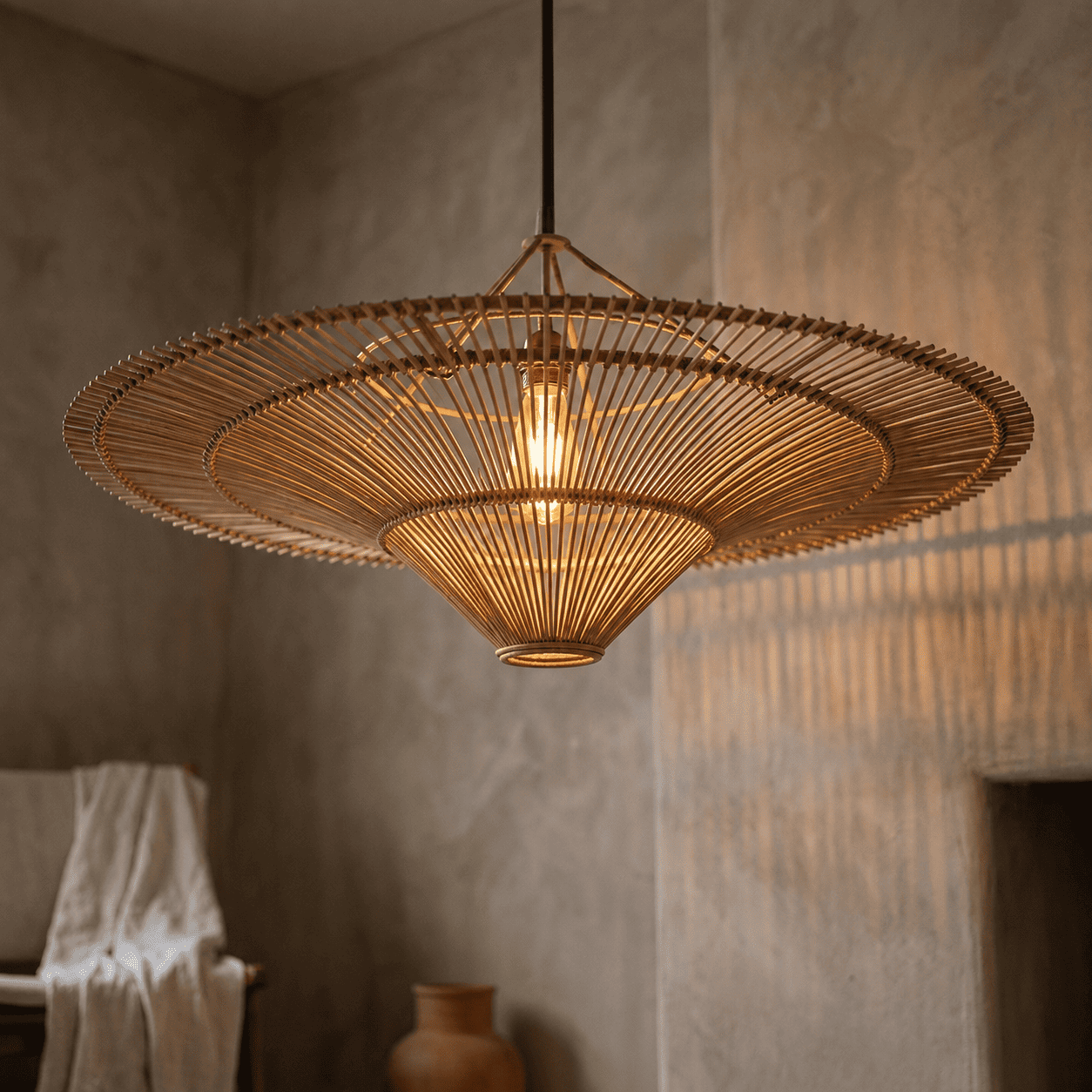 Sol wicker lampshade lit, spreading a warm golden glow across the room