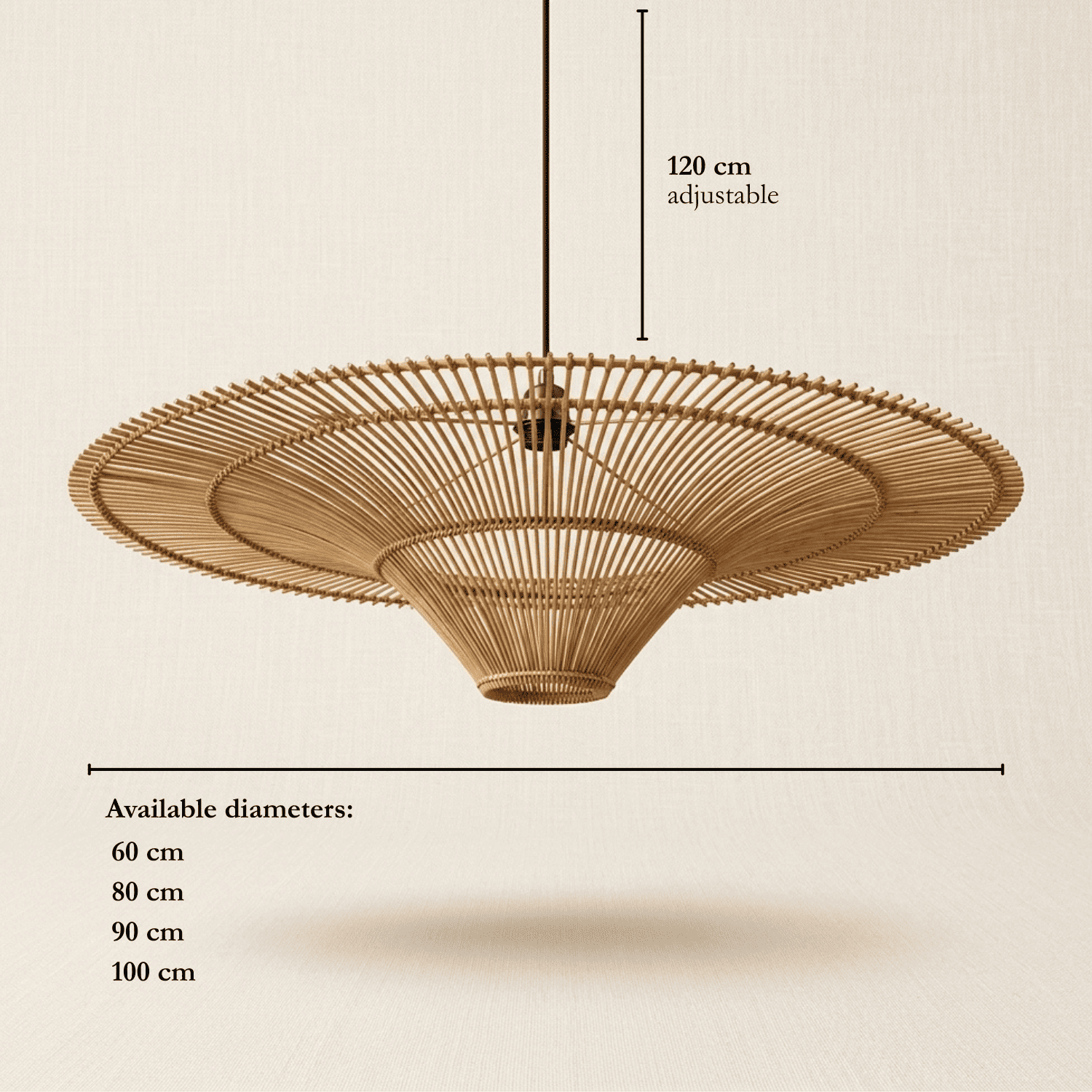 Sol wicker lampshade dimensions, from 60cm to 100cm diameter
