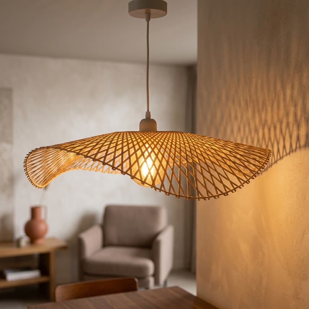 Talia bamboo lampshade lit, casting a warm golden glow