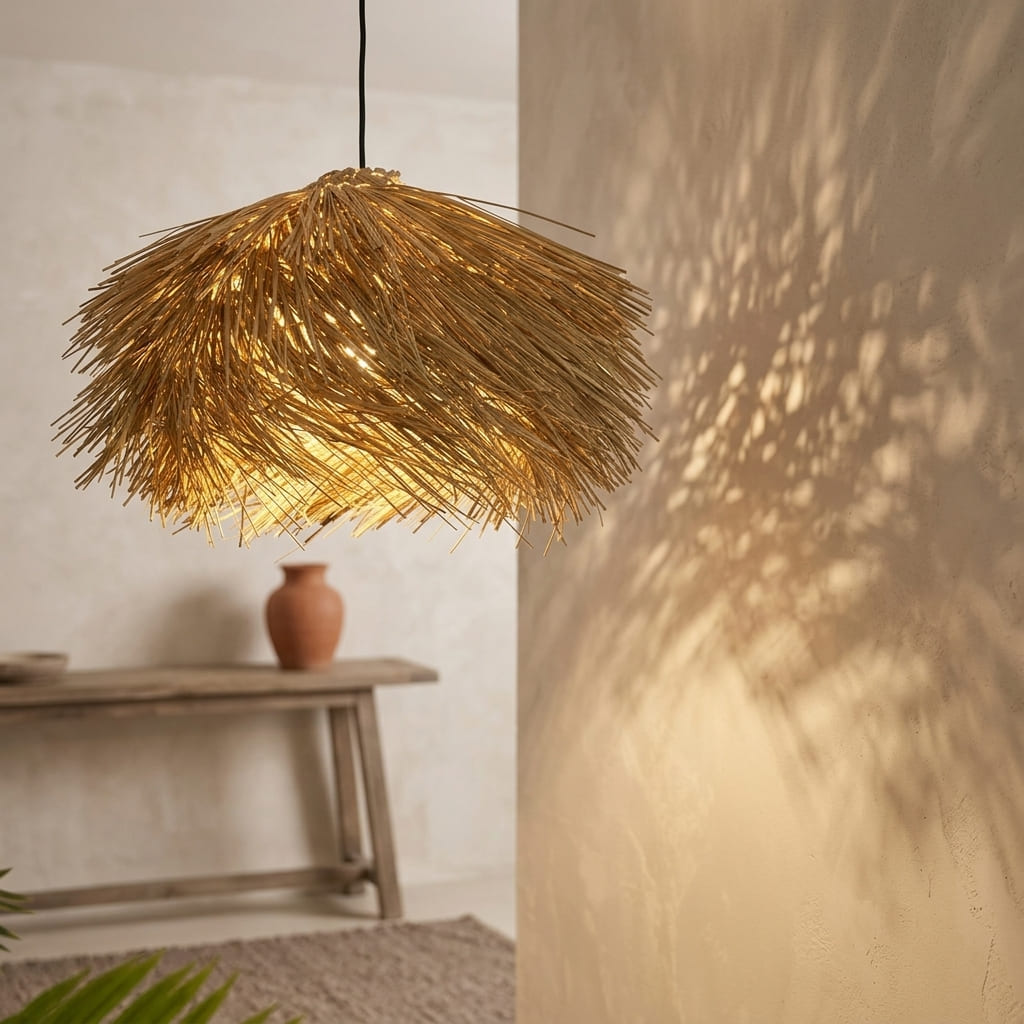 Vega straw lampshade lit, scattering a warm textured glow