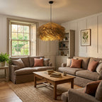 Vega fringe lampshade hanging in a bright British living room