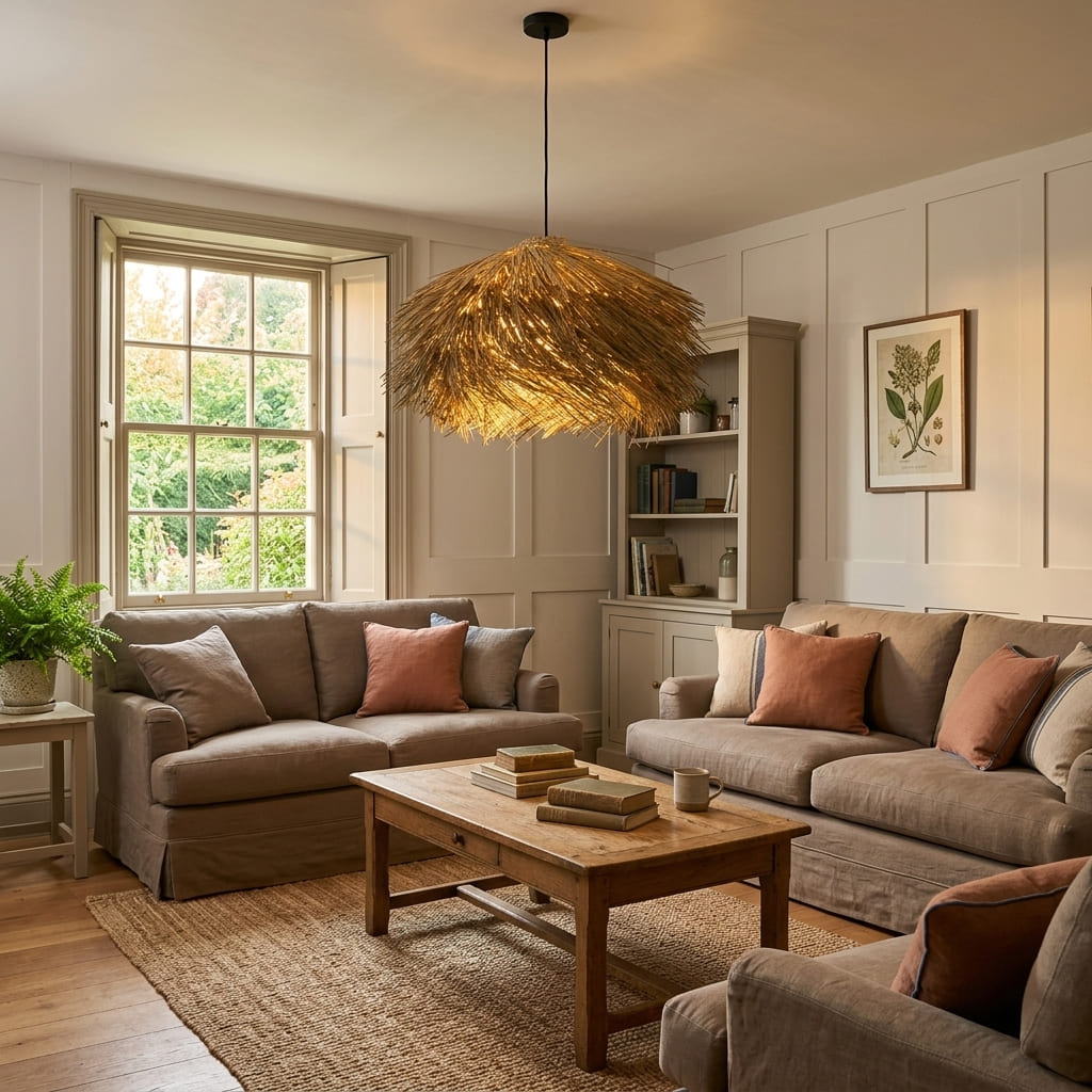 Vega fringe lampshade hanging in a bright British living room