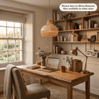 Vera rattan lampshade hanging in a cosy British home office