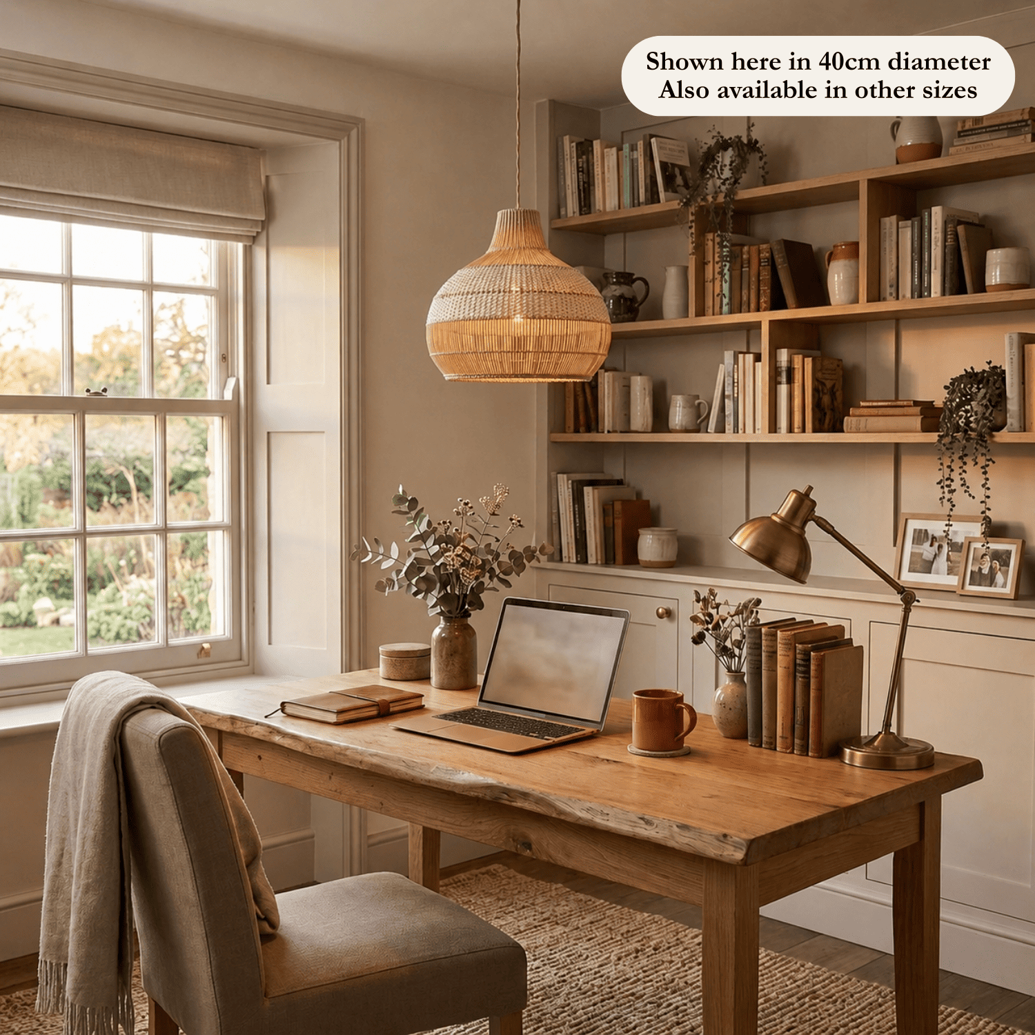 Vera rattan lampshade hanging in a cosy British home office