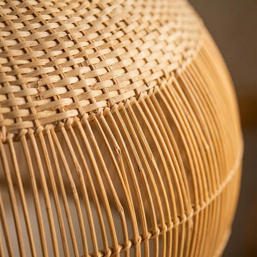 Close up of the fine rattan rods and woven crown on the Vera lampshade